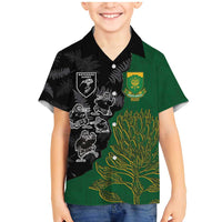 Custom Aotearoa South Africa Rugby Freedom Cup Family Matching Mermaid Dress and Hawaiian Shirt Kiwi Warriors Haka with King Protea Symbol - Polynesian Pride
