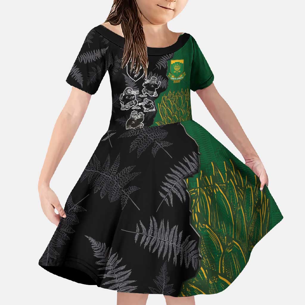 Custom Aotearoa South Africa Rugby Freedom Cup Family Matching Short Sleeve Bodycon Dress and Hawaiian Shirt Kiwi Warriors Haka with King Protea Symbol - Polynesian Pride