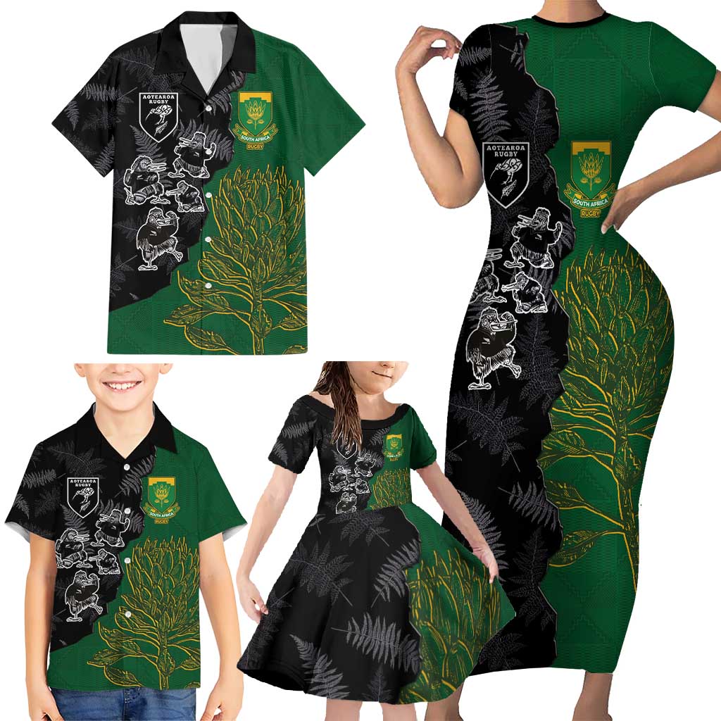 Custom Aotearoa South Africa Rugby Freedom Cup Family Matching Short Sleeve Bodycon Dress and Hawaiian Shirt Kiwi Warriors Haka with King Protea Symbol - Polynesian Pride
