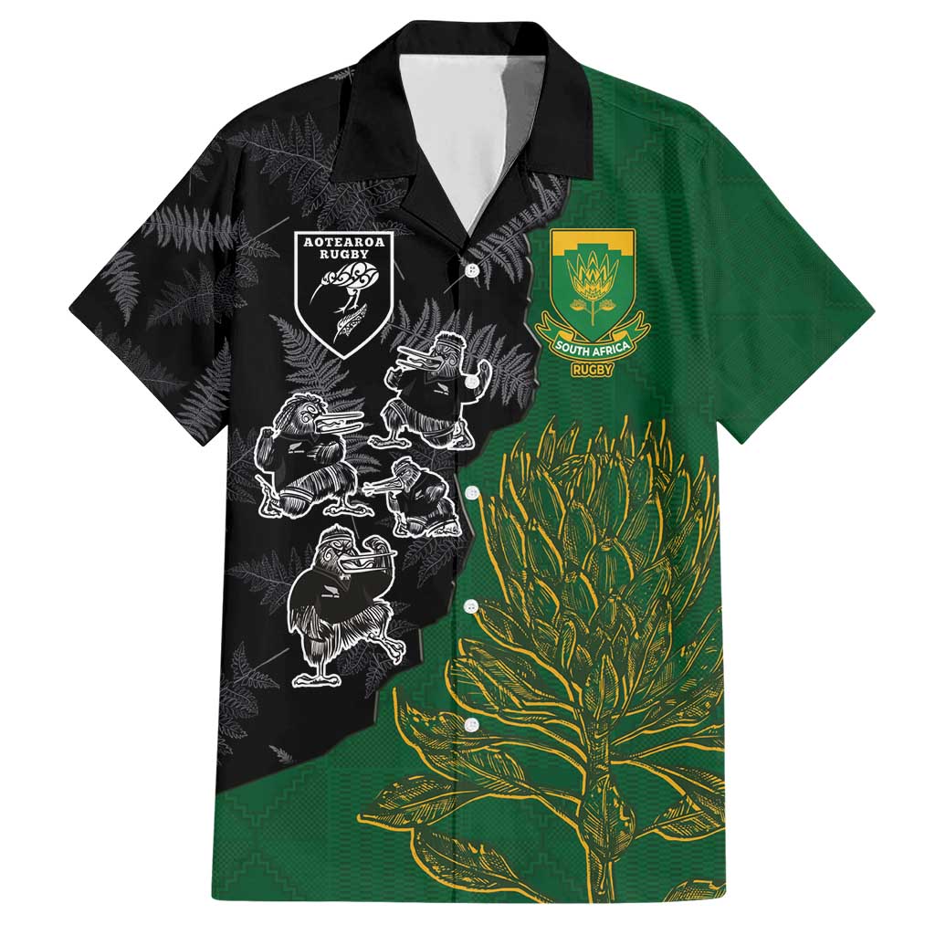 Custom Aotearoa South Africa Rugby Freedom Cup Family Matching Short Sleeve Bodycon Dress and Hawaiian Shirt Kiwi Warriors Haka with King Protea Symbol - Polynesian Pride