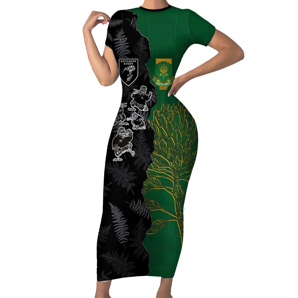 Custom Aotearoa South Africa Rugby Freedom Cup Family Matching Short Sleeve Bodycon Dress and Hawaiian Shirt Kiwi Warriors Haka with King Protea Symbol - Polynesian Pride