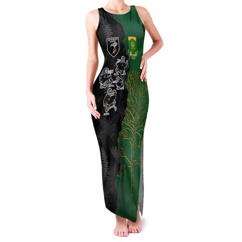 Custom Aotearoa South Africa Rugby Freedom Cup Family Matching Tank Maxi Dress and Hawaiian Shirt Kiwi Warriors Haka with King Protea Symbol - Polynesian Pride