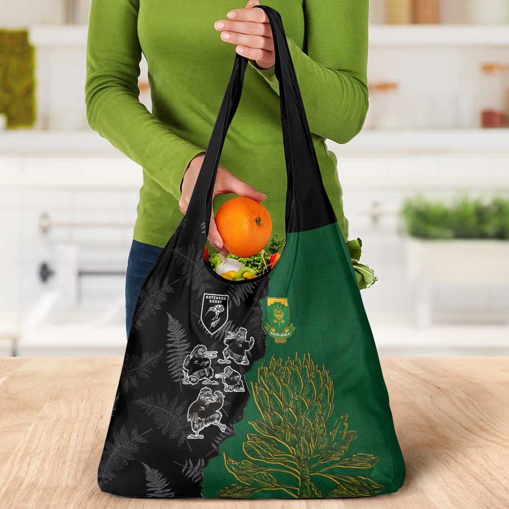 Aotearoa South Africa Rugby Freedom Cup Grocery Bag Kiwi Warriors Haka with King Protea Symbol LT03 - Polynesian Pride