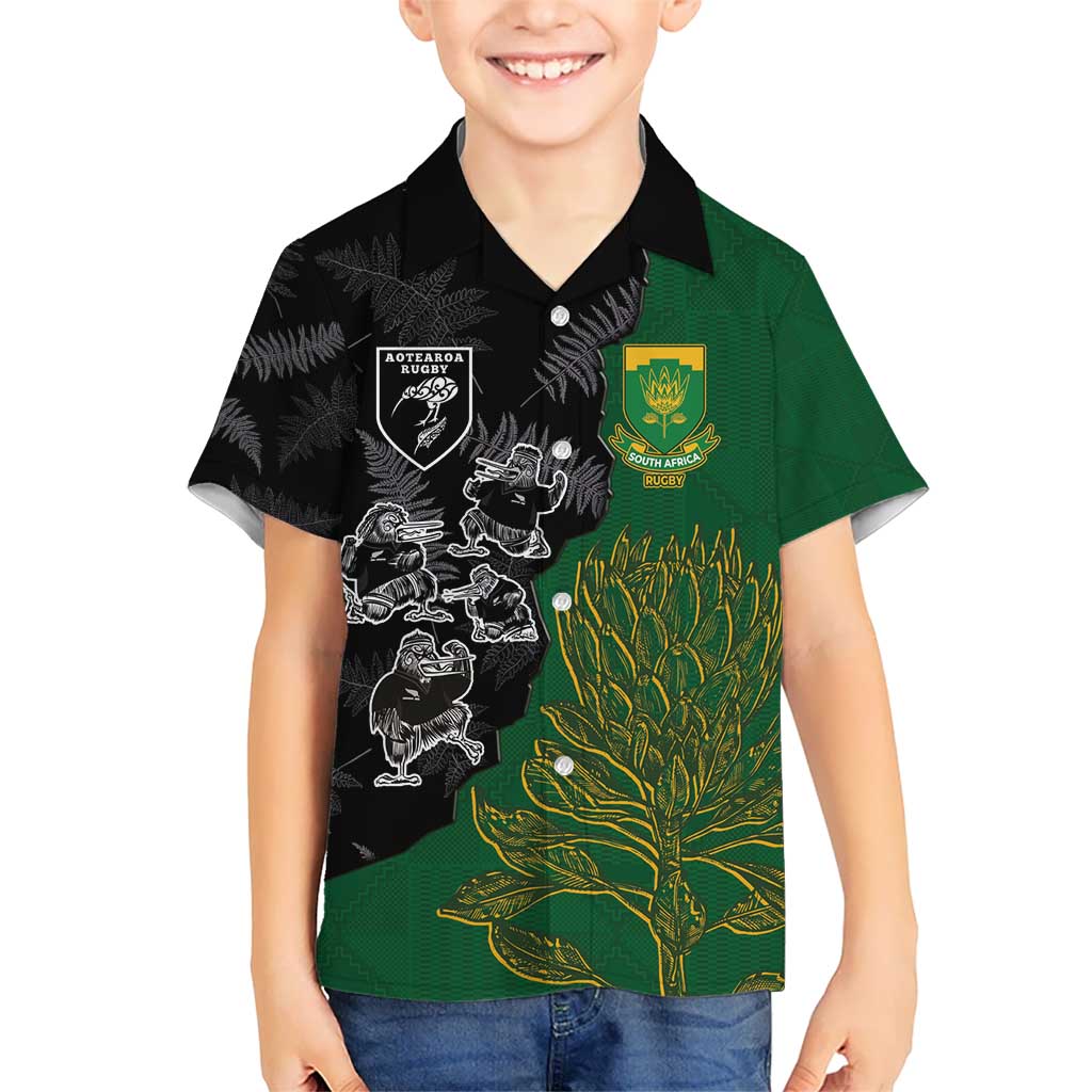 Custom Aotearoa South Africa Rugby Freedom Cup Hawaiian Shirt Kiwi Warriors Haka with King Protea Symbol - Polynesian Pride
