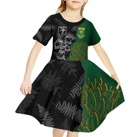 Custom Aotearoa South Africa Rugby Freedom Cup Kid Short Sleeve Dress Kiwi Warriors Haka with King Protea Symbol - Polynesian Pride