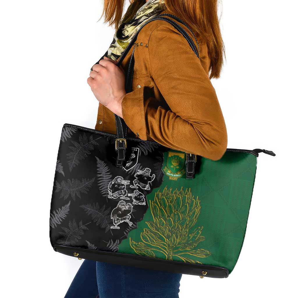 Aotearoa South Africa Rugby Freedom Cup Leather Tote Bag Kiwi Warriors Haka with King Protea Symbol - Polynesian Pride