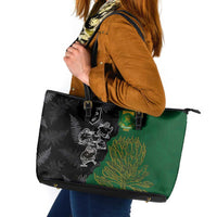 Aotearoa South Africa Rugby Freedom Cup Leather Tote Bag Kiwi Warriors Haka with King Protea Symbol - Polynesian Pride