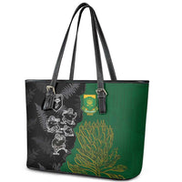 Aotearoa South Africa Rugby Freedom Cup Leather Tote Bag Kiwi Warriors Haka with King Protea Symbol - Polynesian Pride