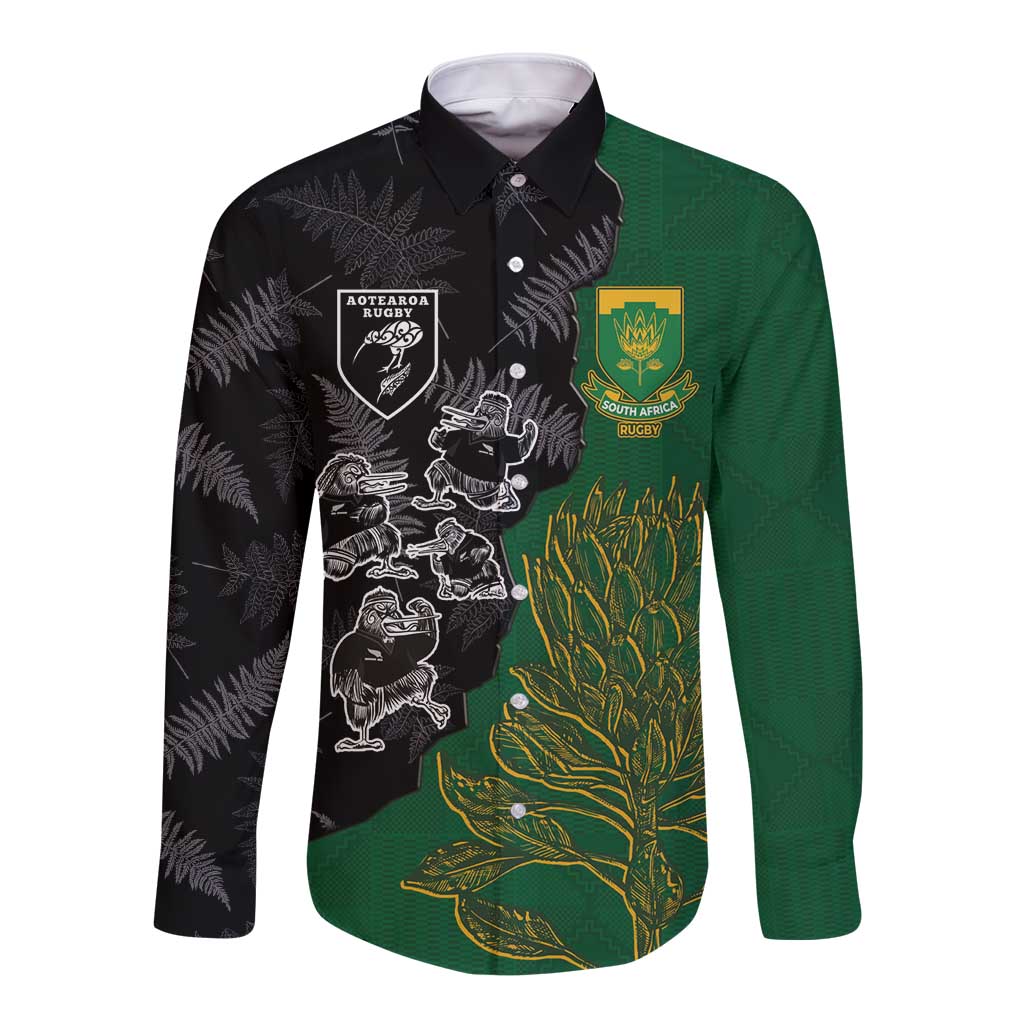 Custom Aotearoa South Africa Rugby Freedom Cup Long Sleeve Button Shirt Kiwi Warriors Haka with King Protea Symbol - Polynesian Pride