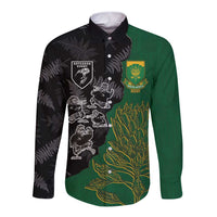 Custom Aotearoa South Africa Rugby Freedom Cup Long Sleeve Button Shirt Kiwi Warriors Haka with King Protea Symbol - Polynesian Pride