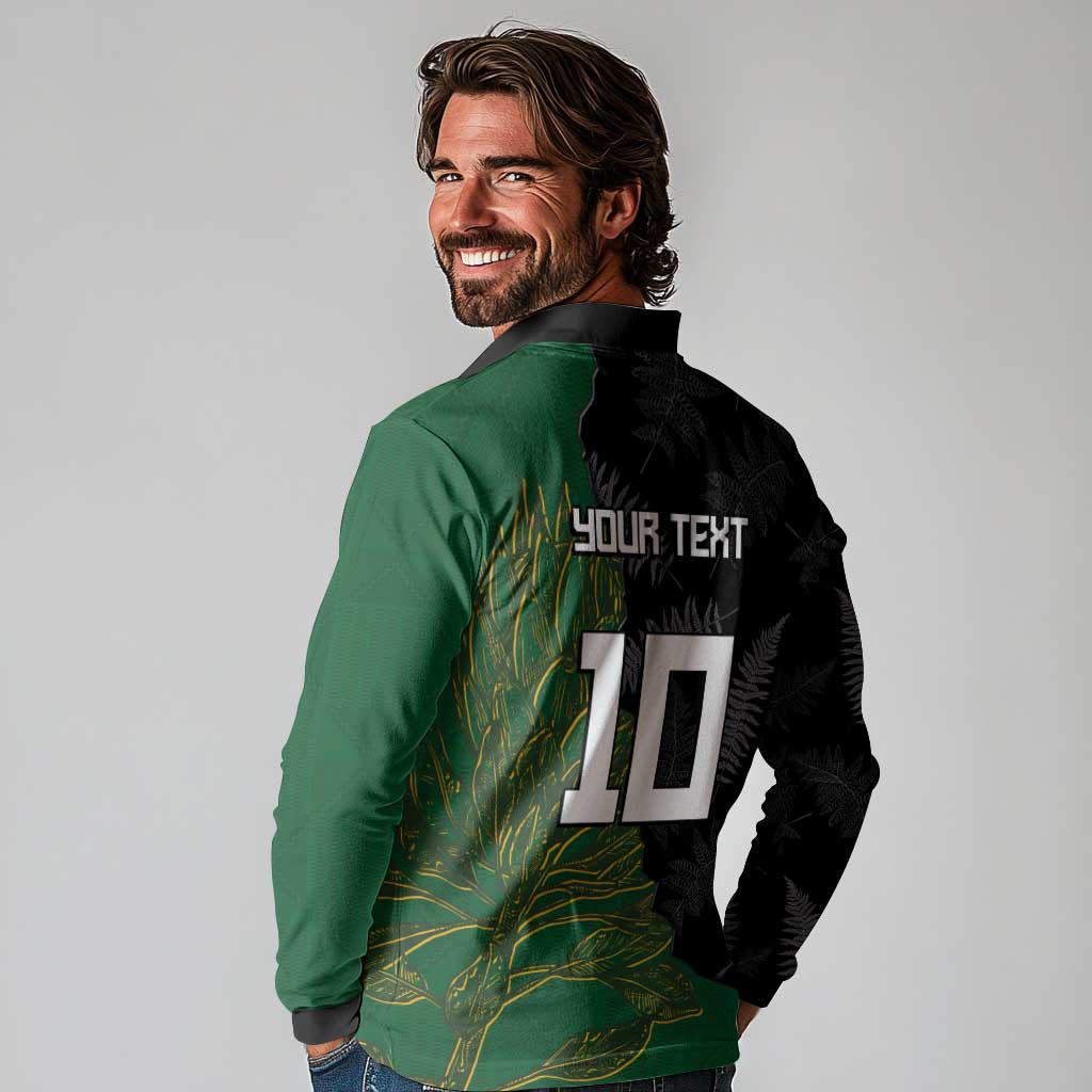 Custom Aotearoa South Africa Rugby Freedom Cup Long Sleeve Polo Shirt Kiwi Warriors Haka with King Protea Symbol - Polynesian Pride