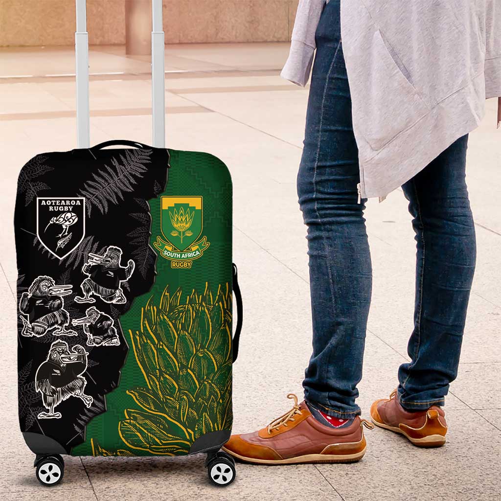 Aotearoa South Africa Rugby Freedom Cup Luggage Cover Kiwi Warriors Haka with King Protea Symbol - Polynesian Pride