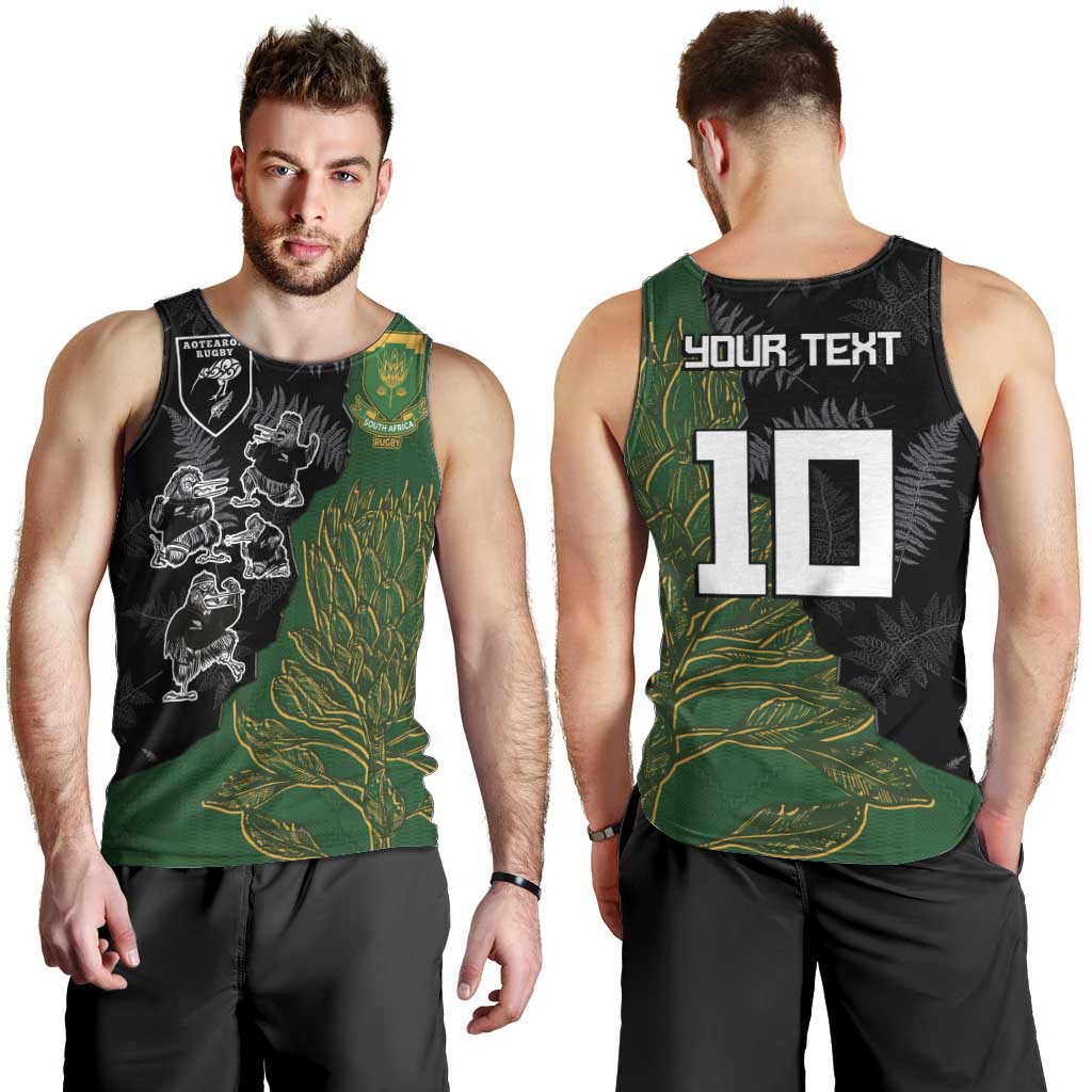 Custom Aotearoa South Africa Rugby Freedom Cup Men Tank Top Kiwi Warriors Haka with King Protea Symbol - Polynesian Pride