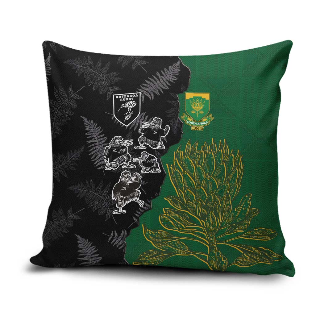 Aotearoa South Africa Rugby Freedom Cup Pillow Cover Kiwi Warriors Haka with King Protea Symbol - Polynesian Pride