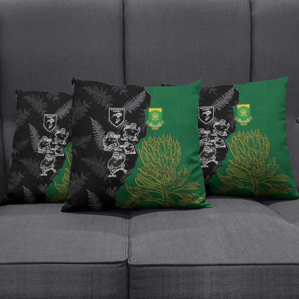 Aotearoa South Africa Rugby Freedom Cup Pillow Cover Kiwi Warriors Haka with King Protea Symbol - Polynesian Pride