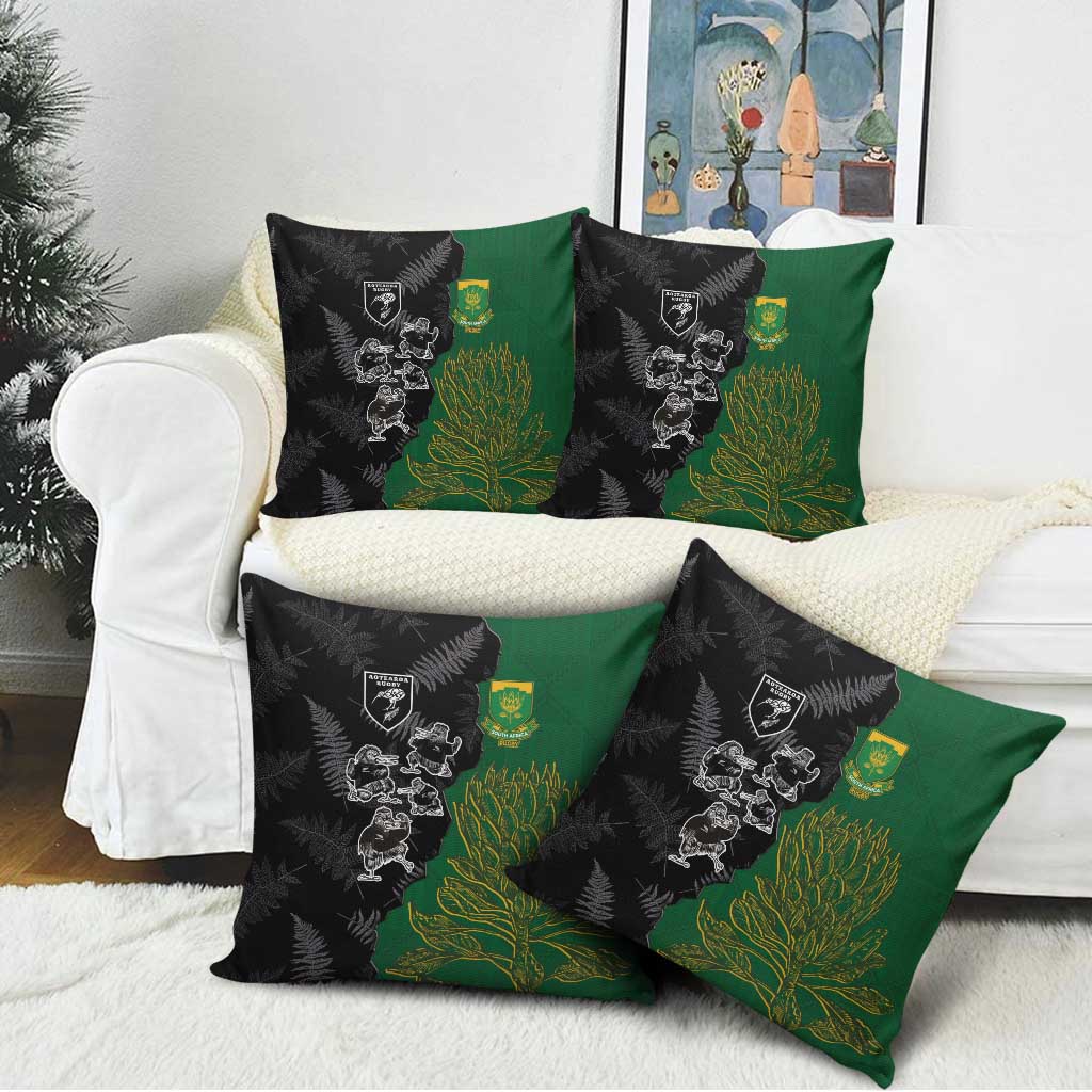 Aotearoa South Africa Rugby Freedom Cup Pillow Cover Kiwi Warriors Haka with King Protea Symbol - Polynesian Pride