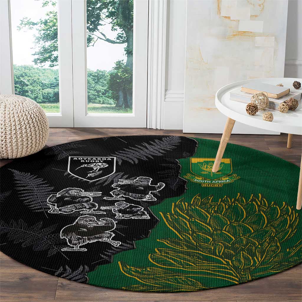 Aotearoa South Africa Rugby Freedom Cup Round Carpet Kiwi Warriors Haka with King Protea Symbol - Polynesian Pride