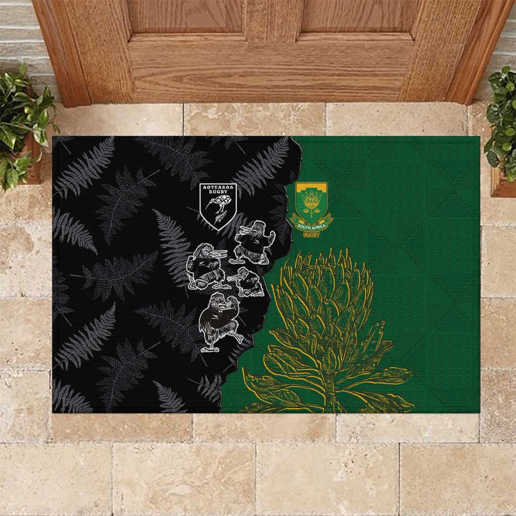 Aotearoa South Africa Rugby Freedom Cup Rubber Doormat Kiwi Warriors Haka with King Protea Symbol - Polynesian Pride