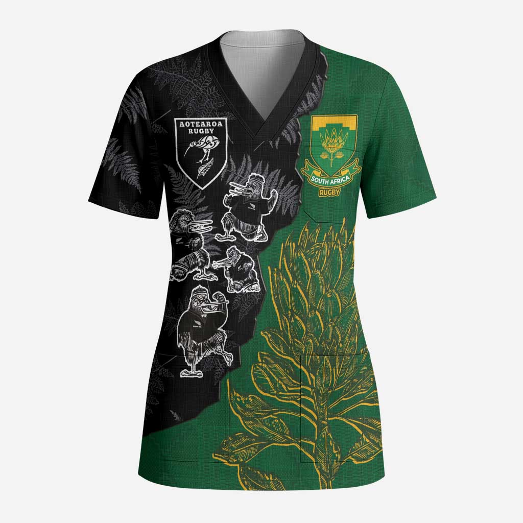 Custom Aotearoa South Africa Rugby Freedom Cup Scrub Top Kiwi Warriors Haka with King Protea Symbol - Polynesian Pride