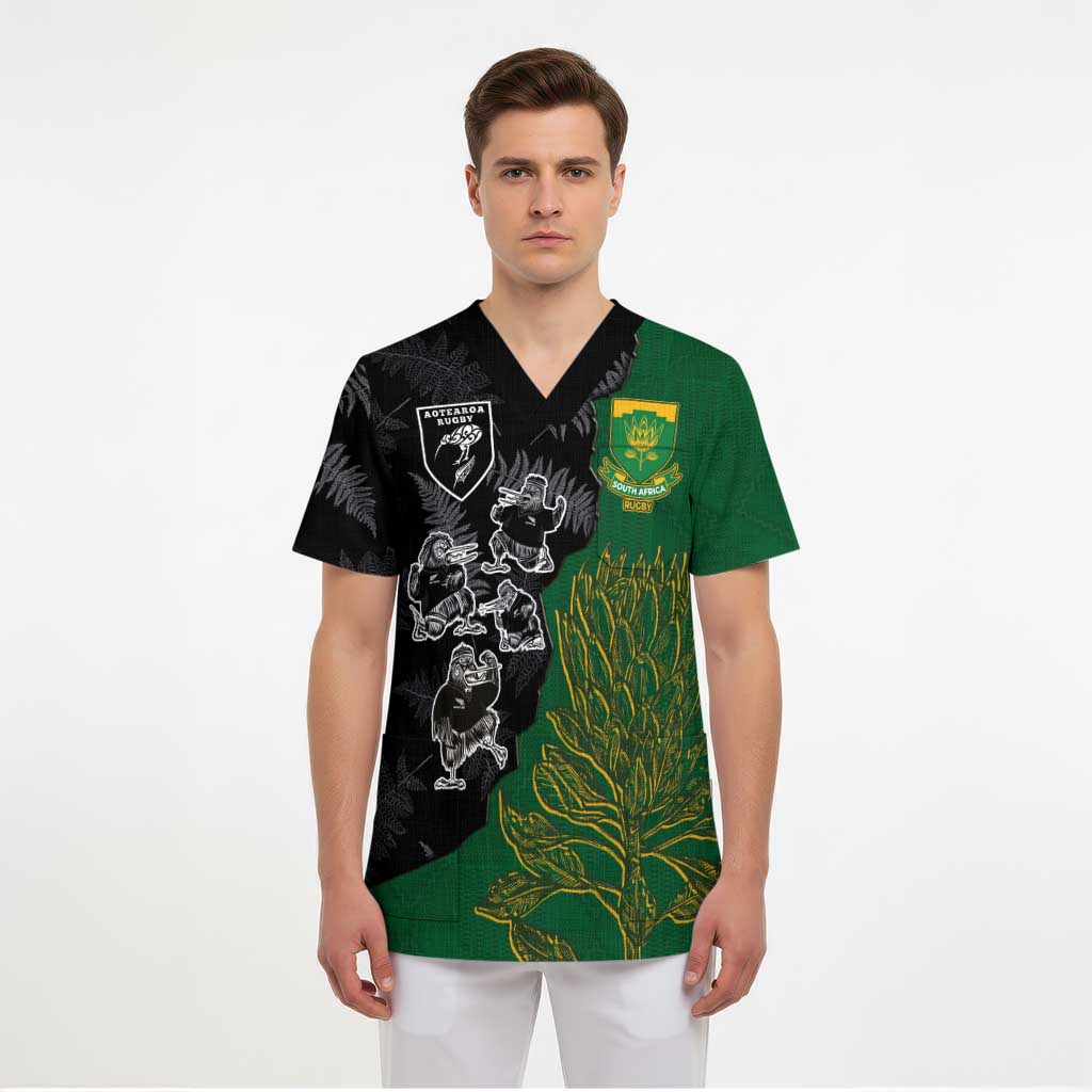 Custom Aotearoa South Africa Rugby Freedom Cup Scrub Top Kiwi Warriors Haka with King Protea Symbol - Polynesian Pride