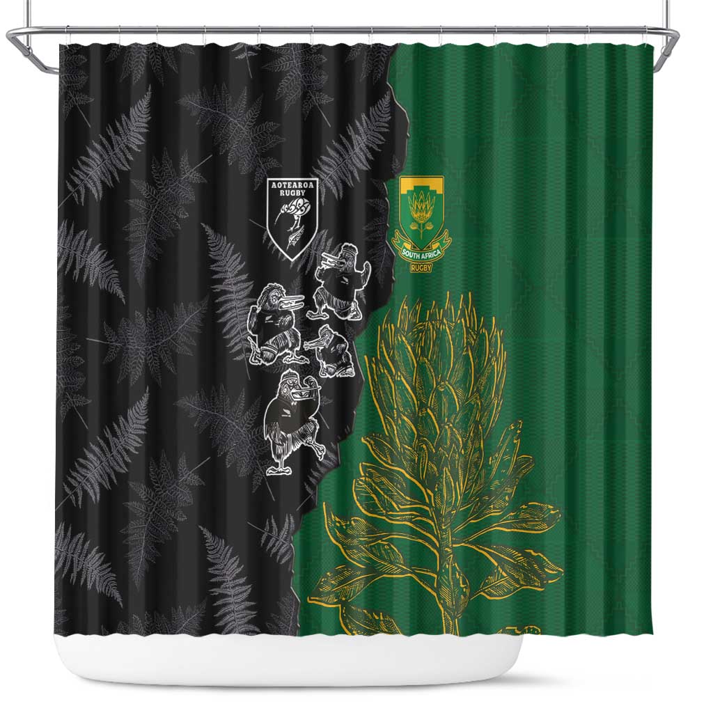 Aotearoa South Africa Rugby Freedom Cup Shower Curtain Kiwi Warriors Haka with King Protea Symbol - Polynesian Pride