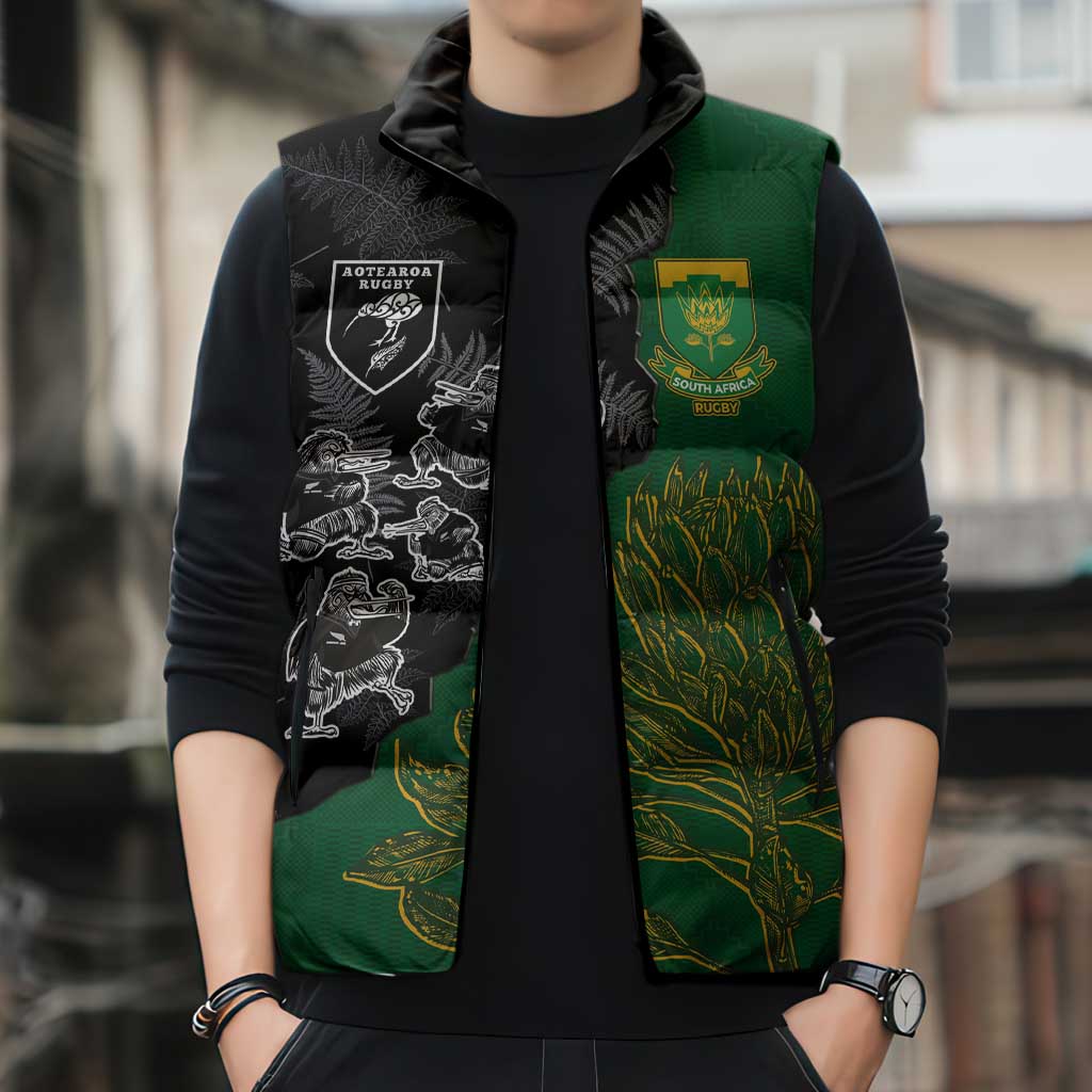 Custom Aotearoa South Africa Rugby Freedom Cup Sleeveless Puffer Jacket Kiwi Warriors Haka with King Protea Symbol - Polynesian Pride