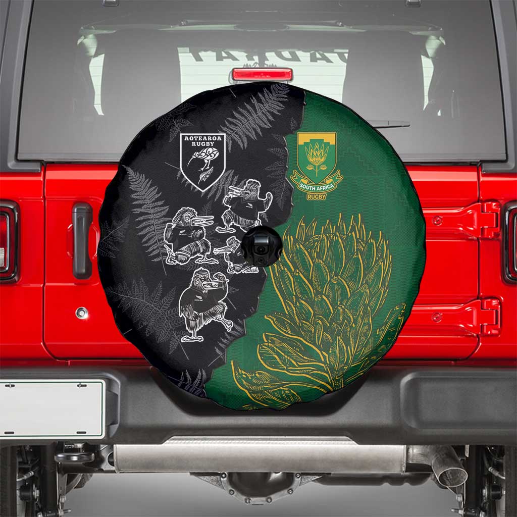 Aotearoa South Africa Rugby Freedom Cup Spare Tire Cover Kiwi Warriors Haka with King Protea Symbol - Polynesian Pride
