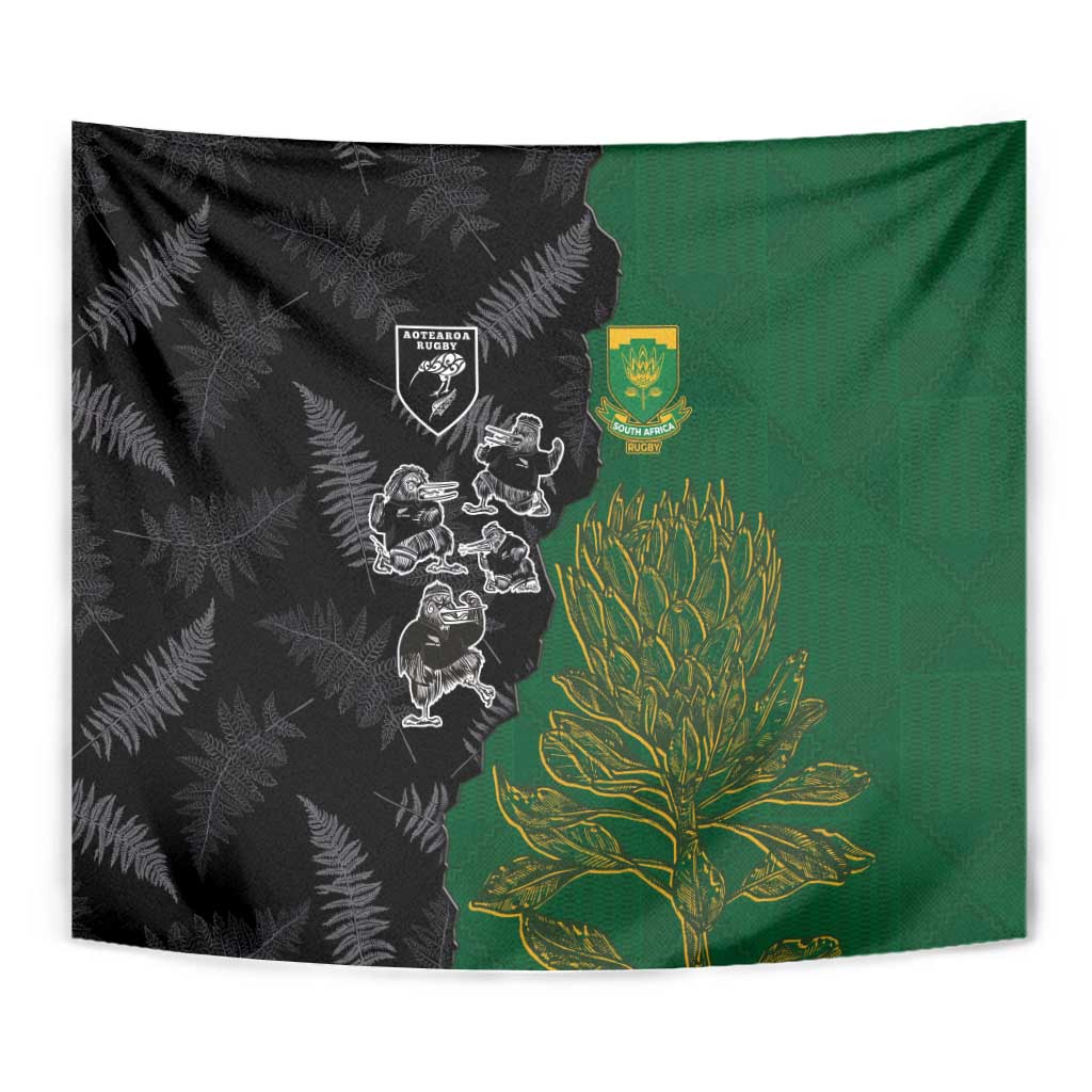 Aotearoa South Africa Rugby Freedom Cup Tapestry Kiwi Warriors Haka with King Protea Symbol - Polynesian Pride
