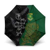 Aotearoa South Africa Rugby Freedom Cup Umbrella Kiwi Warriors Haka with King Protea Symbol - Polynesian Pride