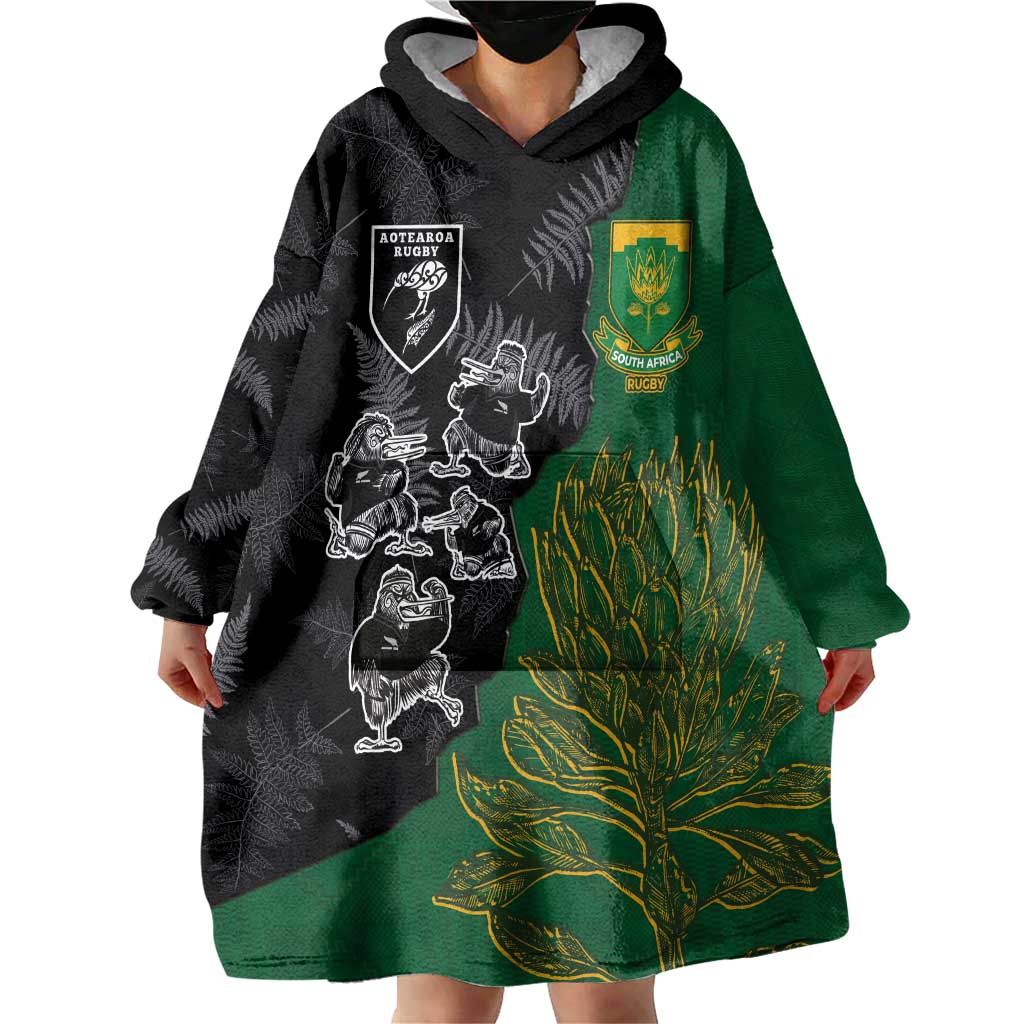 Custom Aotearoa South Africa Rugby Freedom Cup Wearable Blanket Hoodie Kiwi Warriors Haka with King Protea Symbol - Polynesian Pride