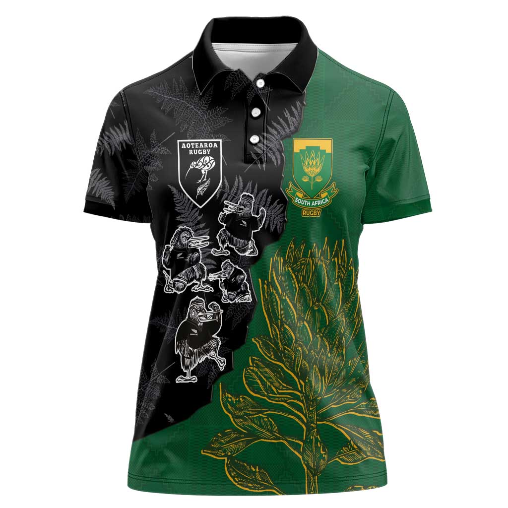 Custom Aotearoa South Africa Rugby Freedom Cup Women Polo Shirt Kiwi Warriors Haka with King Protea Symbol - Polynesian Pride