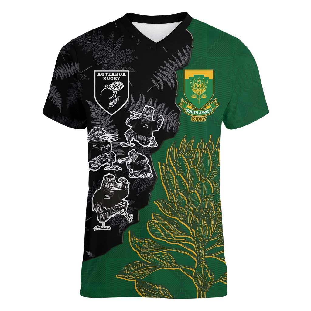 Custom Aotearoa South Africa Rugby Freedom Cup Women V-Neck T-Shirt Kiwi Warriors Haka with King Protea Symbol - Polynesian Pride