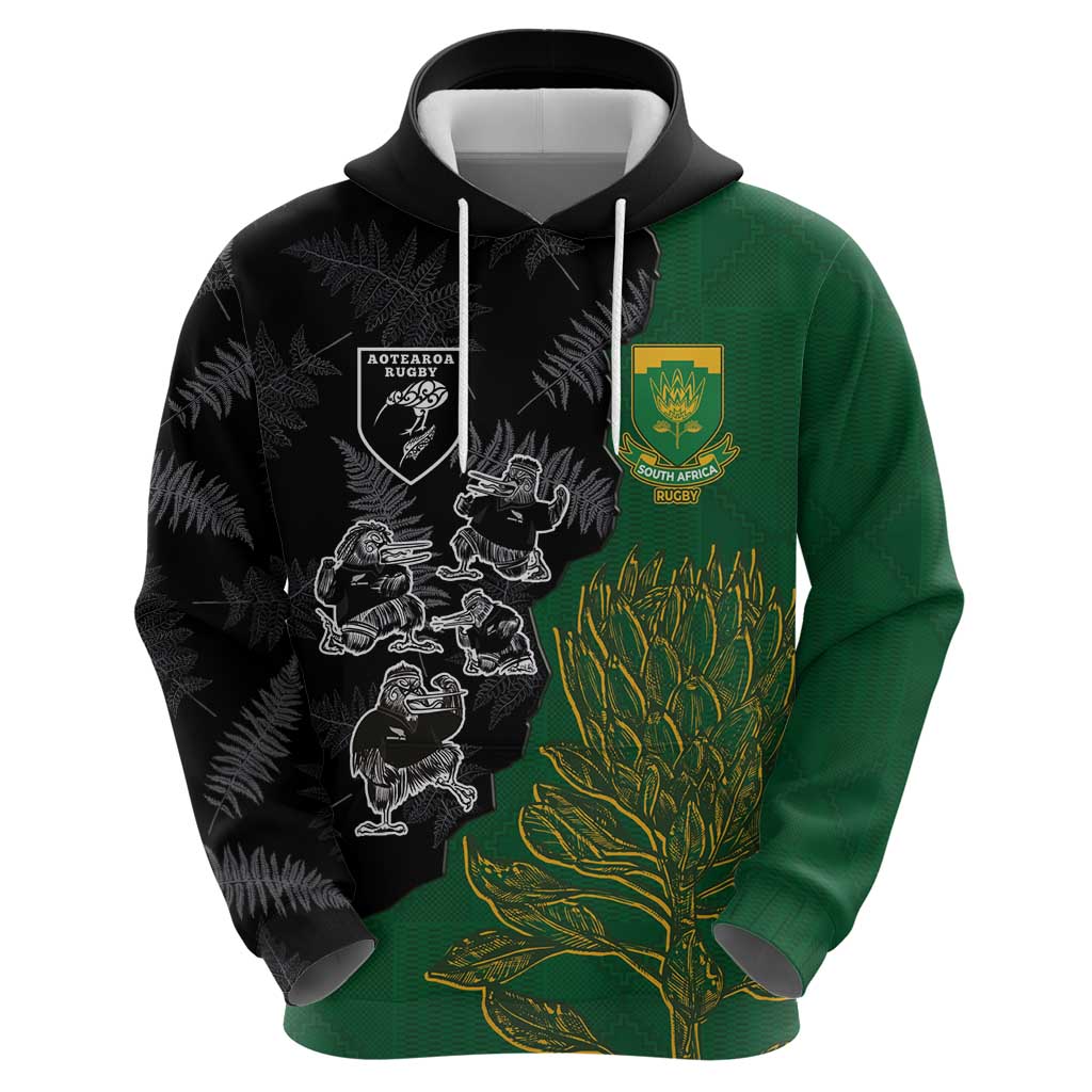 Custom Aotearoa South Africa Rugby Freedom Cup Zip Hoodie Kiwi Warriors Haka with King Protea Symbol - Polynesian Pride