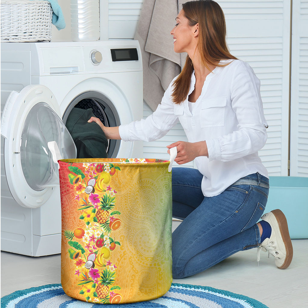 Hawaiian Tropical Fruits and Plants Laundry Basket Kakau Pattern Summer Vibe