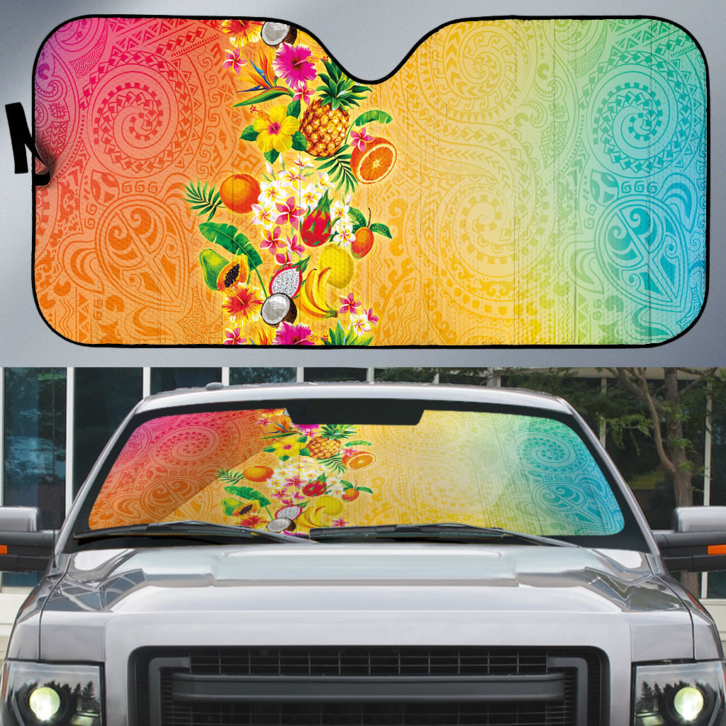 Hawaiian Tropical Fruits and Plants Auto Sun Shade Kakau Pattern Summer Vibe