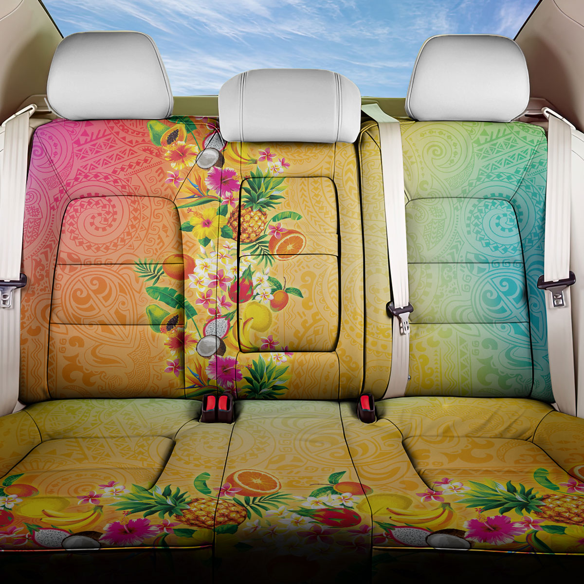 Hawaiian Tropical Fruits and Plants Back Car Seat Cover Kakau Pattern Summer Vibe