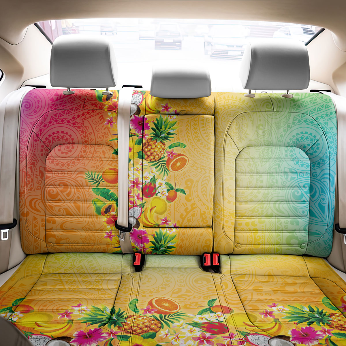 Hawaiian Tropical Fruits and Plants Back Car Seat Cover Kakau Pattern Summer Vibe