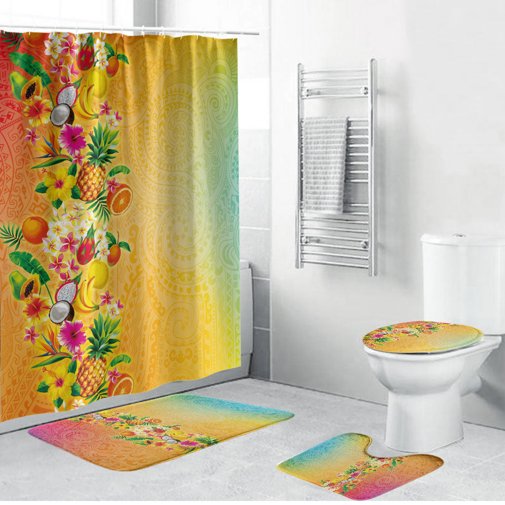 Hawaiian Tropical Fruits and Plants Bathroom Set Kakau Pattern Summer Vibe