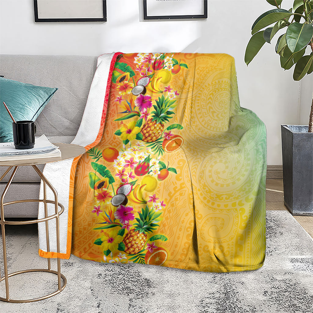 Hawaiian Tropical Fruits and Plants Blanket Kakau Pattern Summer Vibe