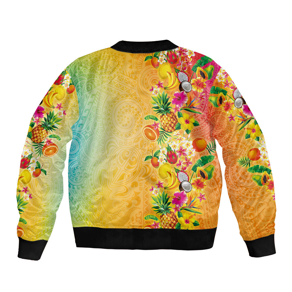 Hawaiian Tropical Fruits and Plants Bomber Jacket Kakau Pattern Summer Vibe