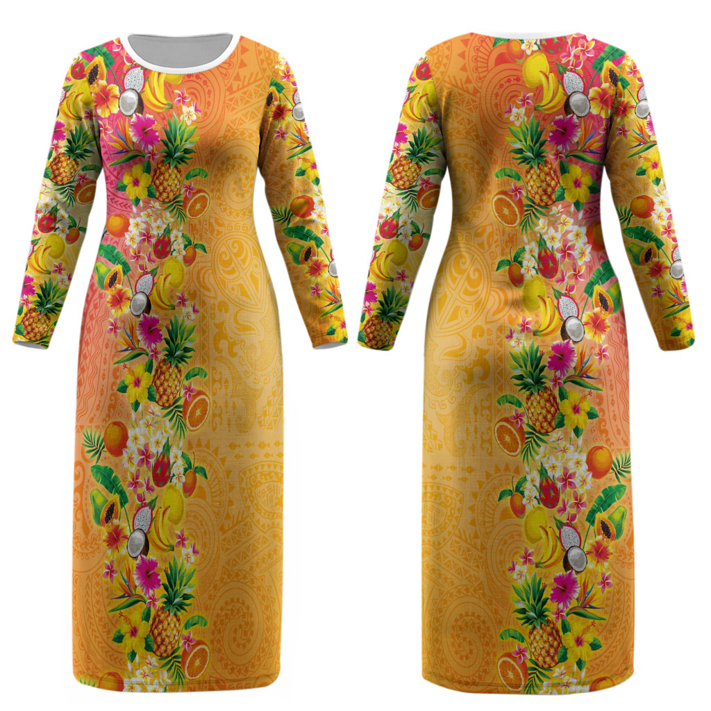 Hawaiian Tropical Fruits and Plants Couples Matching Long Sleeve Bodycon Dress and Hawaiian Shirt Kakau Pattern Summer Vibe