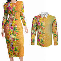 Hawaiian Tropical Fruits and Plants Couples Matching Long Sleeve Bodycon Dress and Long Sleeve Button Shirt Kakau Pattern Summer Vibe