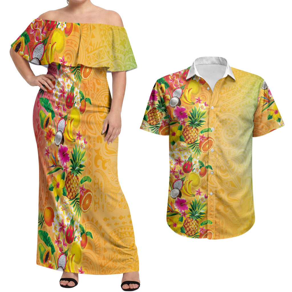 Hawaiian Tropical Fruits and Plants Couples Matching Off Shoulder Maxi Dress and Hawaiian Shirt Kakau Pattern Summer Vibe