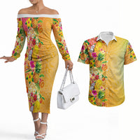 Hawaiian Tropical Fruits and Plants Couples Matching Off The Shoulder Long Sleeve Dress and Hawaiian Shirt Kakau Pattern Summer Vibe
