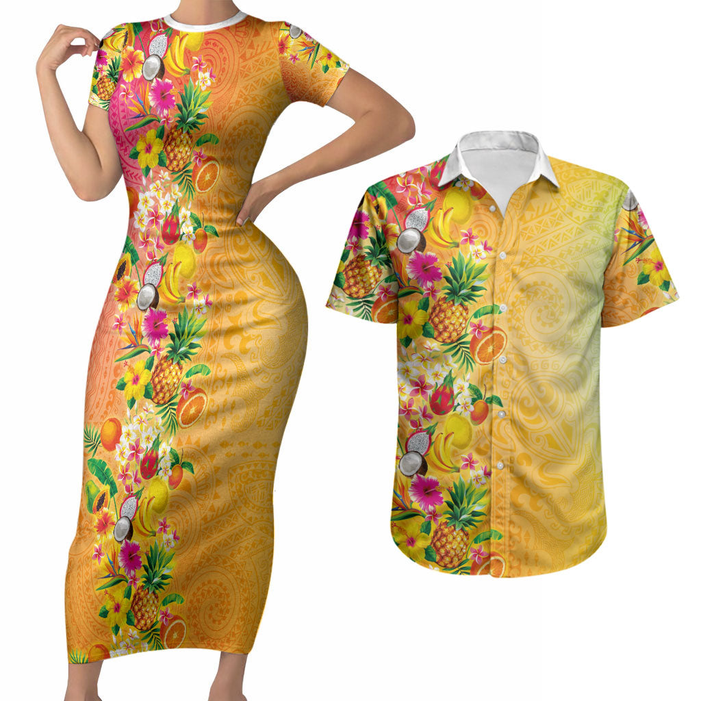 Hawaiian Tropical Fruits and Plants Couples Matching Short Sleeve Bodycon Dress and Hawaiian Shirt Kakau Pattern Summer Vibe