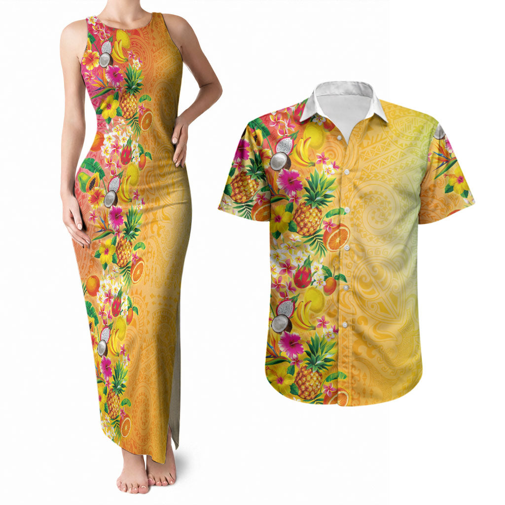 Hawaiian Tropical Fruits and Plants Couples Matching Tank Maxi Dress and Hawaiian Shirt Kakau Pattern Summer Vibe