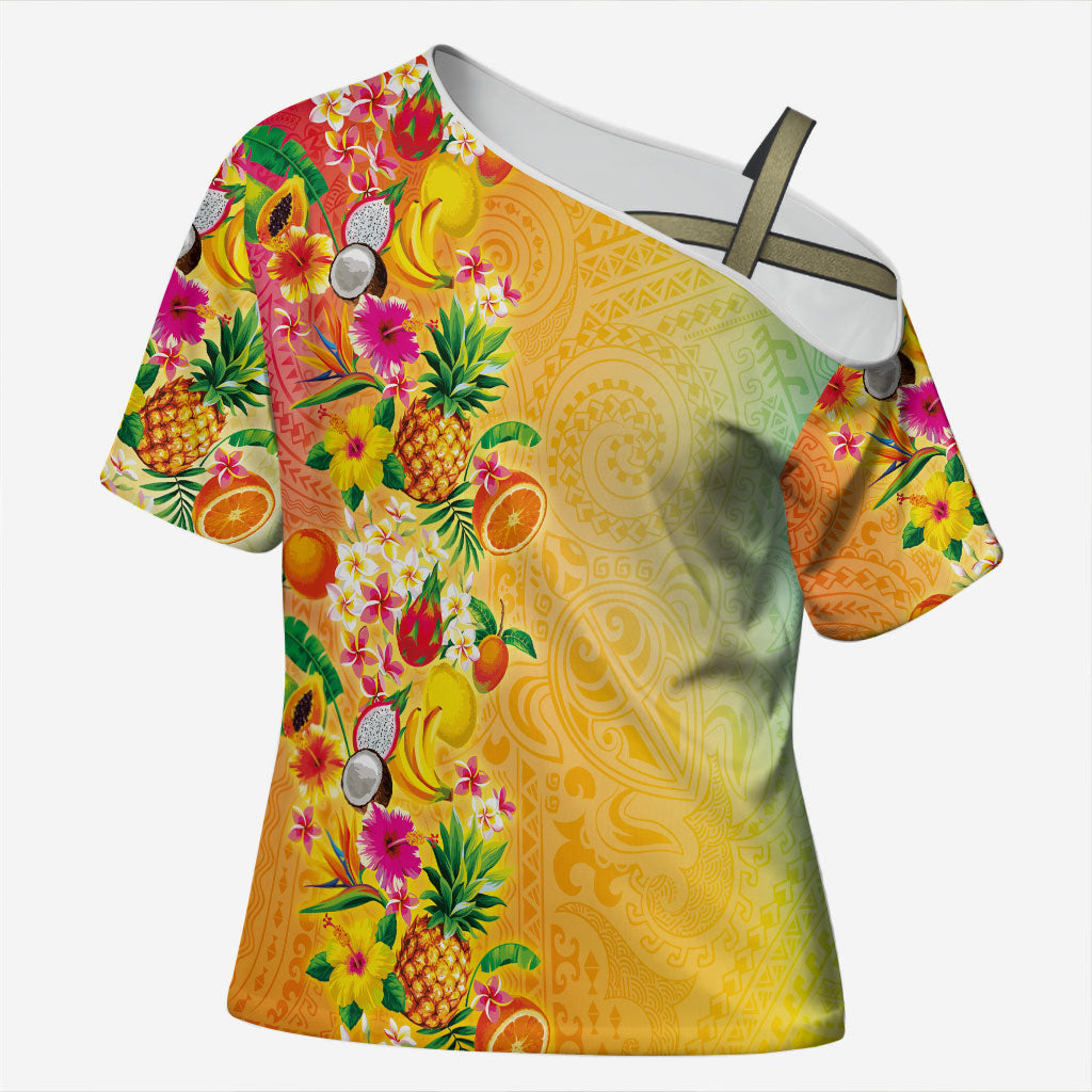 Hawaiian Tropical Fruits and Plants Cross Shoulder Shirt Kakau Pattern Summer Vibe