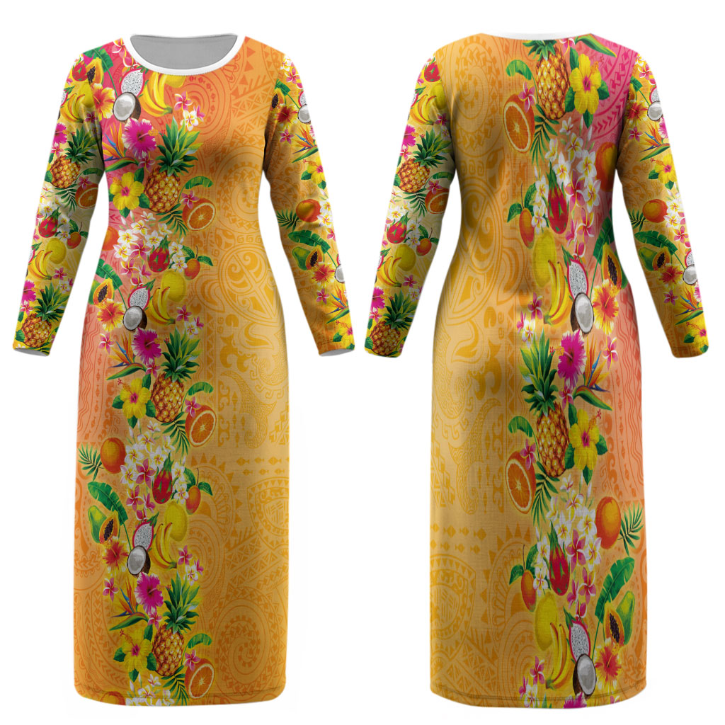 Hawaiian Tropical Fruits and Plants Family Matching Long Sleeve Bodycon Dress and Hawaiian Shirt Kakau Pattern Summer Vibe
