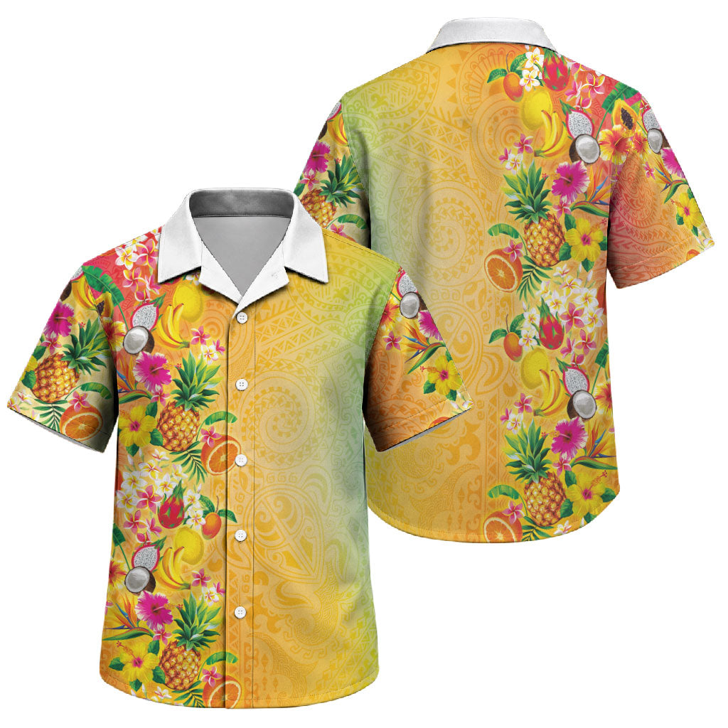 Hawaiian Tropical Fruits and Plants Family Matching Off The Shoulder Long Sleeve Dress and Hawaiian Shirt Kakau Pattern Summer Vibe