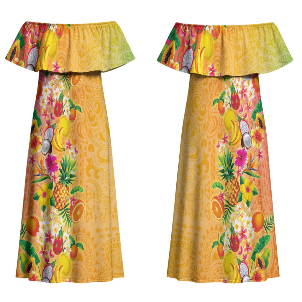 Hawaiian Tropical Fruits and Plants Family Matching Off Shoulder Maxi Dress and Hawaiian Shirt Kakau Pattern Summer Vibe LT03 Mom's Dress Multicolor - Polynesian Pride